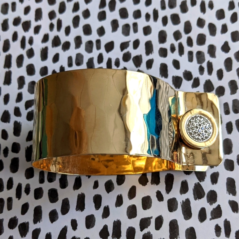 Gold Cuff Bracelet w/ Rhinestone Cufflink Clasp